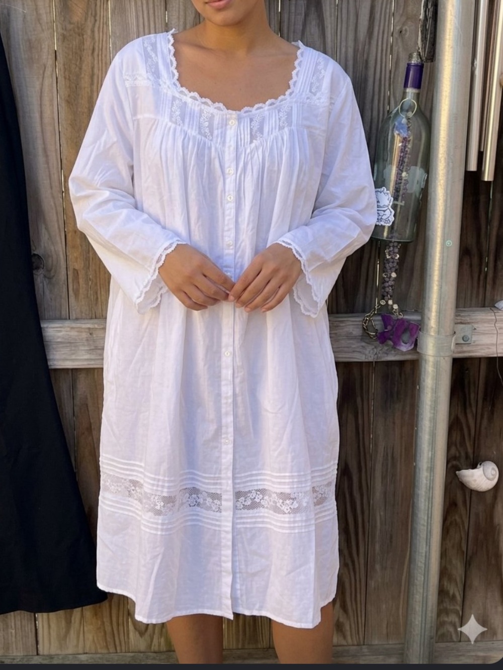 👗Eileen West White Lace-Trim Button Front Women's nightgown
